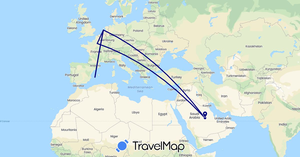 TravelMap itinerary: driving in Spain, France, Netherlands, Saudi Arabia (Asia, Europe)